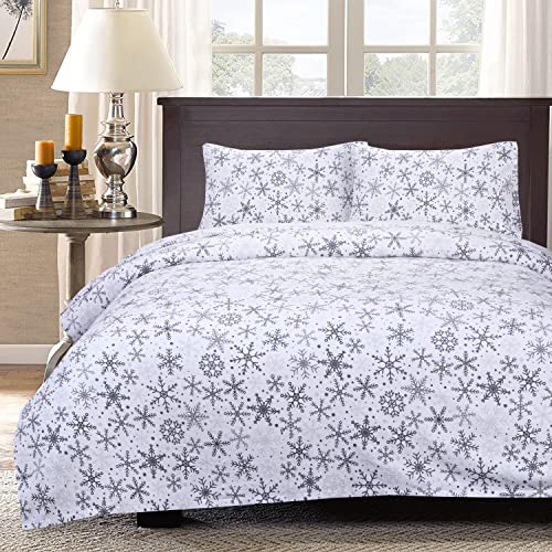 100% Cotton Flannel Sheets Queen - Warm & Cozy Heavyweight Double Brushed Anti-Pill Winter Flannel Bed Sheets Queen, 16" Deep Pocket Fitted Sheet X2 Side Pockets - Queen, Grey Snowflakes - Pickett's Lane