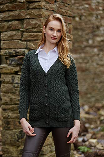 Aran Crafts Women's Irish Cable Knit Wool Soft Buttoned Cardigan (X4241-LARGE-AGRE) Army Green - Pickett's Lane
