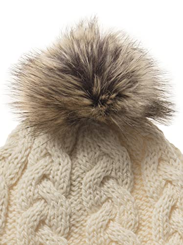 Aran Crafts Women's Irish Cable Knitted Wool Soft Pom Faux Fur Hat (X4844-NAT) - Pickett's Lane