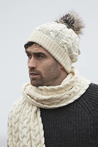 Aran Crafts Women's Irish Cable Knitted Wool Soft Pom Faux Fur Hat (X4844-NAT) - Pickett's Lane