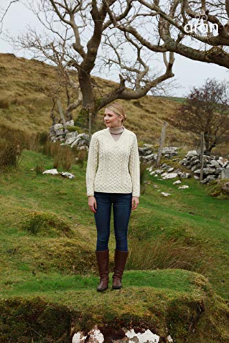 Aran Woollen Mills Irish Sweater for Women Made in Ireland 100% Merino Wool Cable Knit Pullover with V-Neck (Natural, Medium) - Pickett's Lane